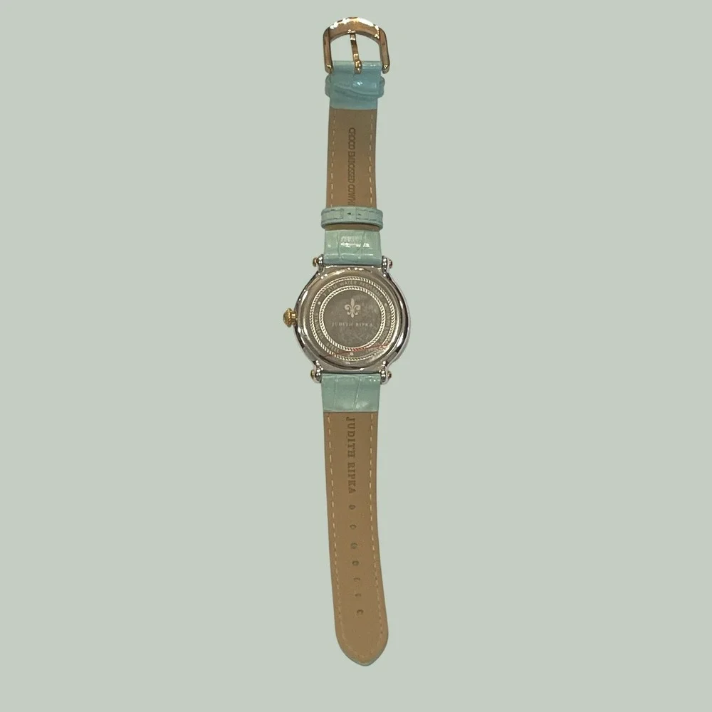 Judith Ripka Turquoise Dial Gold Tone Rope Bezel Croco Leather Strap Watch